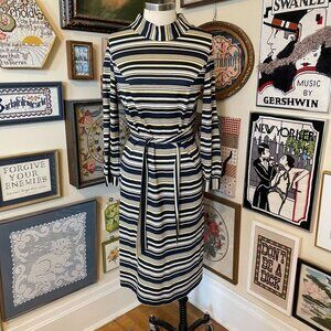 70s Vintage Blue Yellow White Striped Long Sleeve Belted Midi Dress Size XL